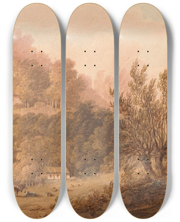 Triptych art skateboard deck of Frederick Calvert A Lane With Figures Isle Of Wight by Frederick Calvert