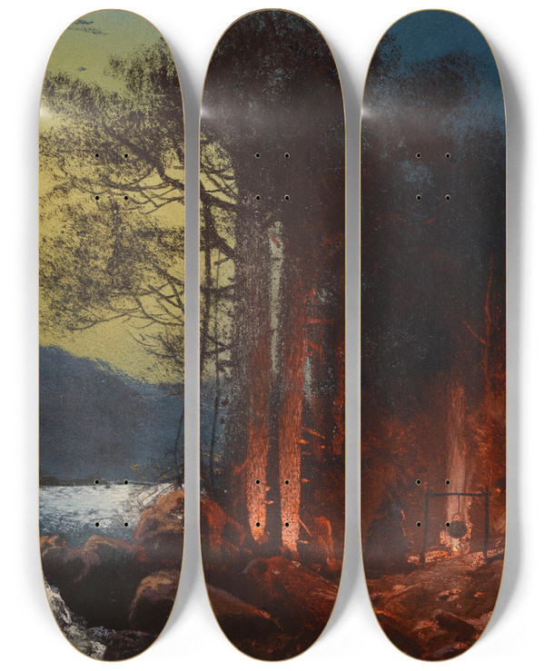 Triptych art skateboard deck of Carl Wimar Moonlight Encampment by Carl Wimar
