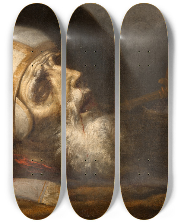 Triptych art skateboard deck of Sebastin De Llanos Y Valds Martyred Bishop by Sebastin de Llanos y Valds (1605-1677)