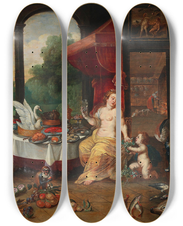 Triptych art skateboard deck of Frans Wouters Allegory Of Taste by Frans Wouters (1612-1659)