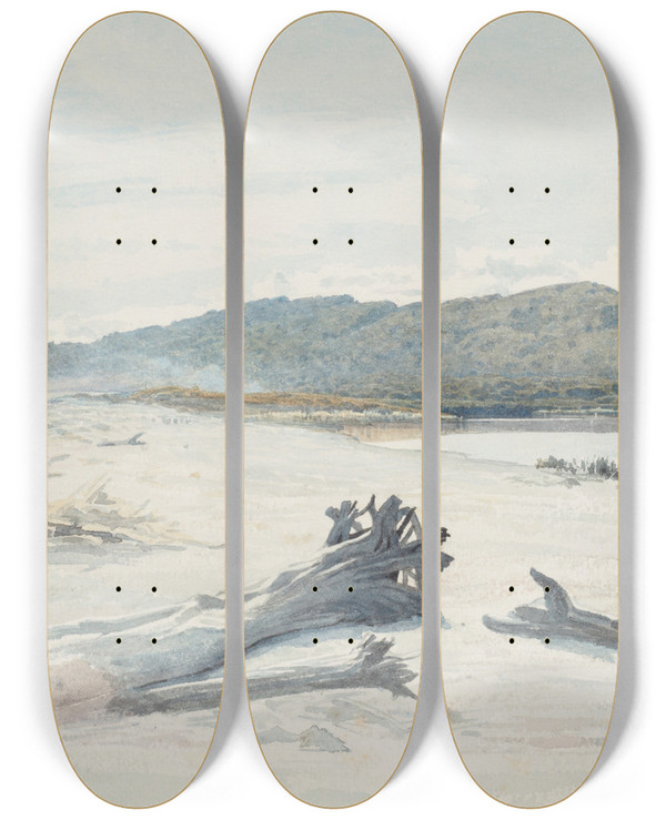 Triptych art skateboard deck of James Crowe Richmond Grey River On The Beach by James Crowe Richmond (1822-1898)