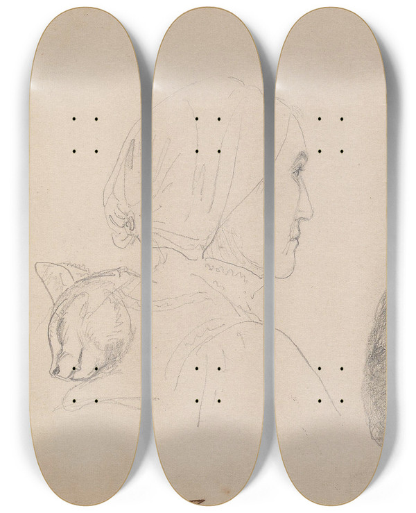 Triptych art skateboard deck of Adolph Tidemand Kvinnefigur Katter Kvinnesal by Adolph Tidemand (1814-1876)