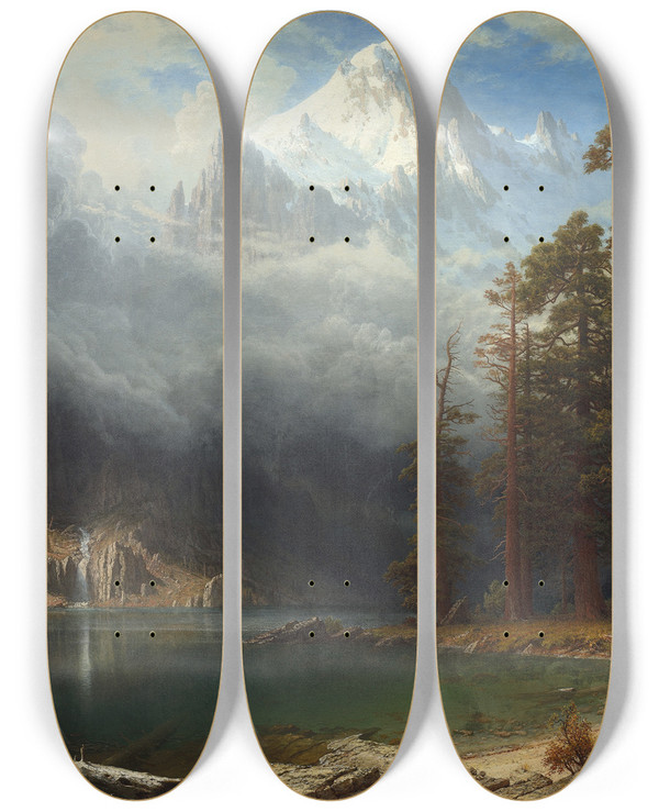 Triptych art skateboard deck of Albert Bierstadt Mount Corcoran by Albert Bierstadt (1830-1902)