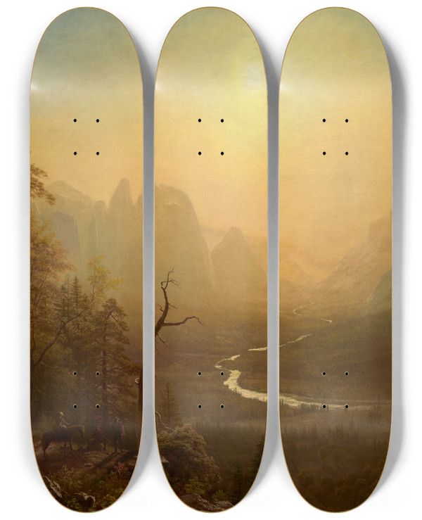 Triptych art skateboard deck of Albert Bierstadt Yosemite Valley Glacier Pointtrail by Albert Bierstadt (1830-1902)