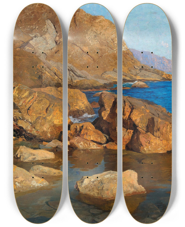 Triptych art skateboard deck of Alfred Zoff Felsige Kste Bei Nervi In Abendsonne by Alfred Zoff (1852-1927)