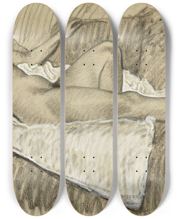 Triptych art skateboard deck of Thophile Alexandre Steinlen Nu Au Drap Blanc by Theophile Alexandre Steinlen (1859-1923)
