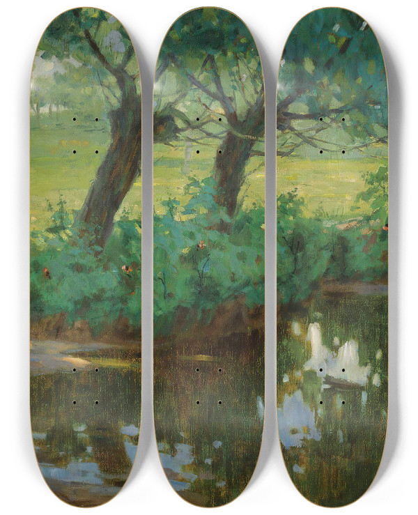 Triptych art skateboard deck of Pietro Fragiacomo A Quiet Pond by Pietro Fragiacomo (1856-1922)