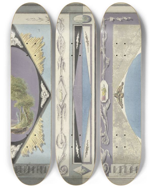 Triptych art skateboard deck of Abraham Meertens Ontwerp Voor Kamerversiering Met Twee Panelen Met Een Ovaal In Een Ruit by Abraham Meertens (1747-1823)