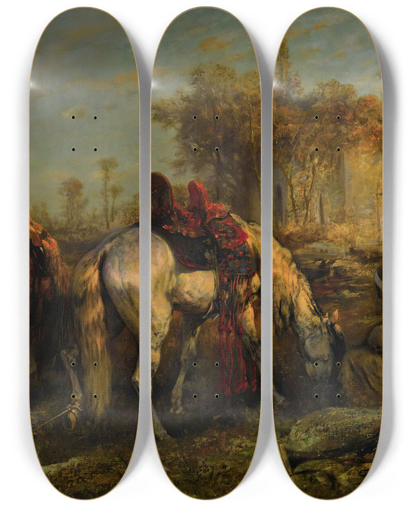 Triptych art skateboard deck of Adolf Schreyer Resting Cavaliers by Adolf Schreyer (1828-1899)