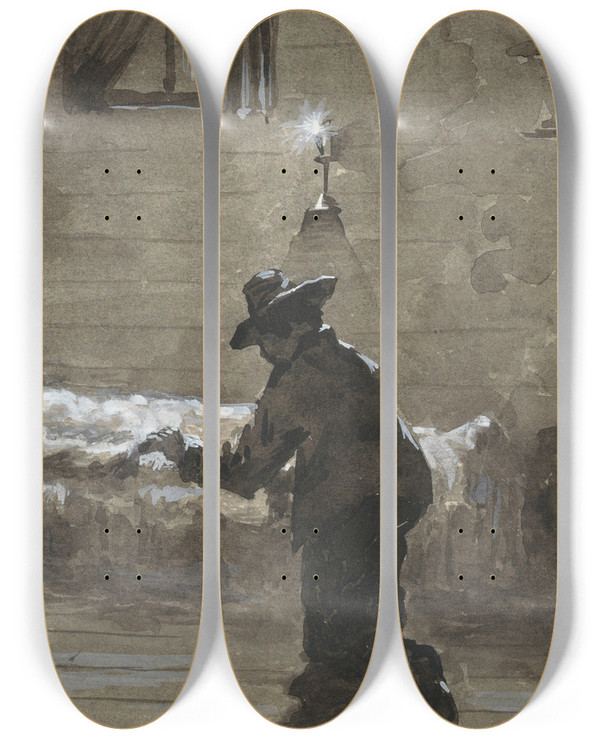 Triptych art skateboard deck of Hc Louwerse Man Knielt Bij Het Bed Van Een Vrouw by H.C. Louwerse (1878-1946)