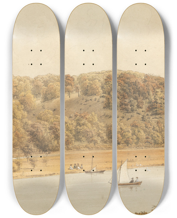 Triptych art skateboard deck of William Westall Park Place Henley On Thames by William Westall