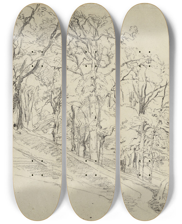 Triptych art skateboard deck of Thodore Rousseau Forest In Boisrmond by Theodore Rousseau (1812-1867)