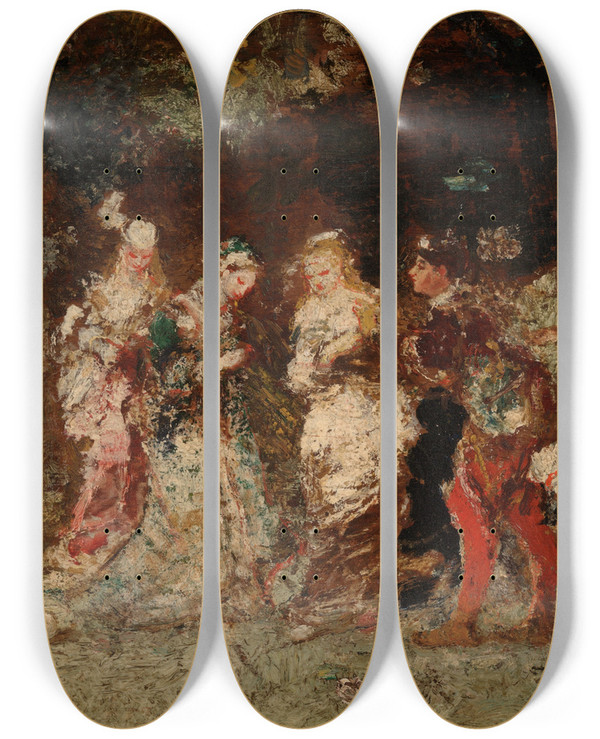 Triptych art skateboard deck of Adolphe Monticelli Gardenscene by Adolphe Monticelli (1824-1886)