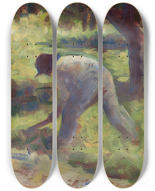 Triptych art skateboard deck of Georges Seurat Peasant With A Hoe by Georges Seurat (1859-1891)
