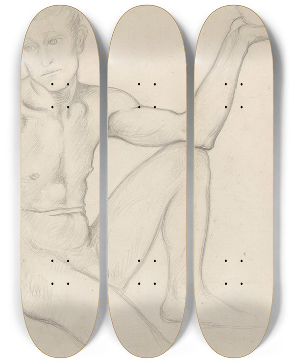 Triptych art skateboard deck of Richard Nicolas Roland Holst Zittend Mannelijk Naakt Met Schaal by Richard Nicolaus Roland Holst (1868-1938)