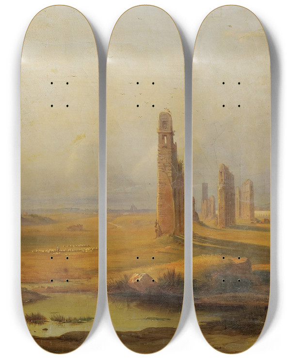 Triptych art skateboard deck of Johannrudolf Bhlmann Vue Dun Aqueduc En Ruines by Johann Rudolf Buhlmann