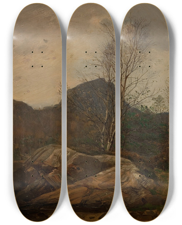 Triptych art skateboard deck of Amaldus Nielsen Hst Skogsfjord Mandal by Amaldus Nielsen (1838-1932)