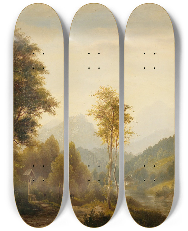 Triptych art skateboard deck of Josef Burgaritzky Winter Landscape With Decorative Figures by Josef Burgaritzky (1836-1890)