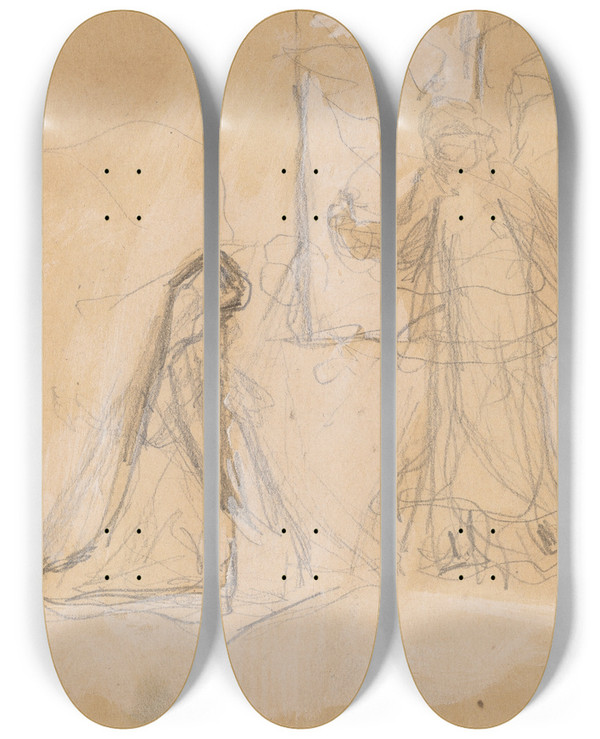 Triptych art skateboard deck of Charles Sprague Pearce Study Of A Figure From Behind Recto by Charles Sprague Pearce (1851-1914)