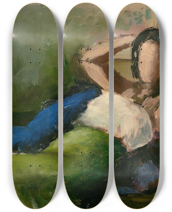 Triptych art skateboard deck of Johann Von Tscharner The Resting One by Johann Von Tscharner (1886-1946)