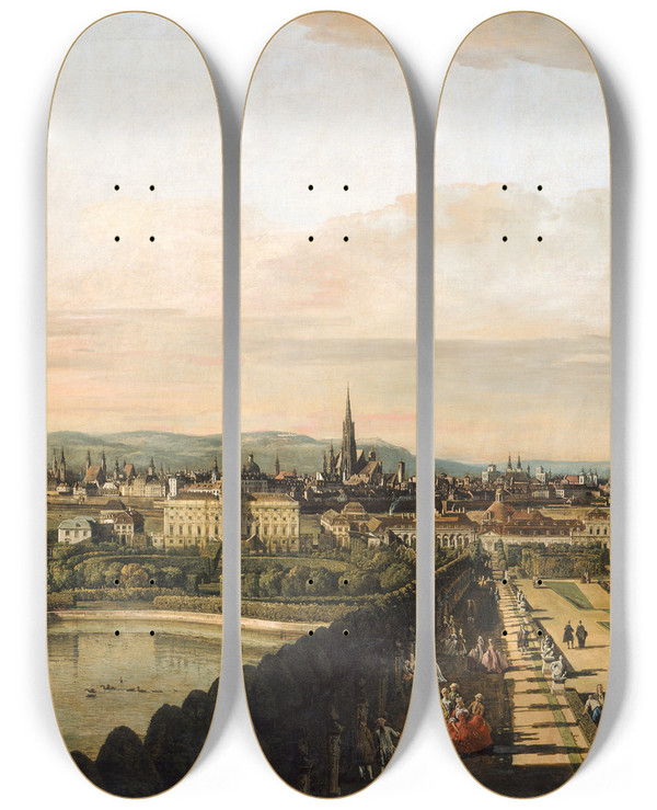 Triptych art skateboard deck of Canaletto Vienna Viewed From The Belvedere Palace by Canaletto (1697-1768)