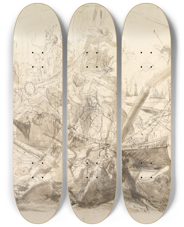 Triptych art skateboard deck of Giovanni David The Naval Battle Of Meloria by Giovanni David (1749-1790)