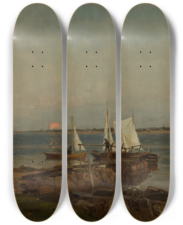 Triptych art skateboard deck of Amaldus Nielsen Sommernatt Hvaler by Amaldus Nielsen (1838-1932)