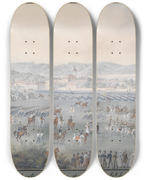 Triptych art skateboard deck of Balthasar Wigand Lerchenfelder Linie Groe Kirchenparade by Balthasar Wigand (1771-1846)