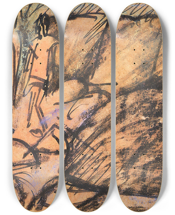 Triptych art skateboard deck of Ernst Ludwig Kirchner Drei Figuren Auf Fehmarn Postkarte by Ernst Ludwig Kirchner (1880-1938)