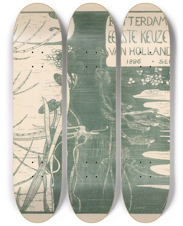 Triptych art skateboard deck of Theo Van Hoytema Catalogusomslag Met Waterplanten by Theo Van Hoytema (1863-1917)