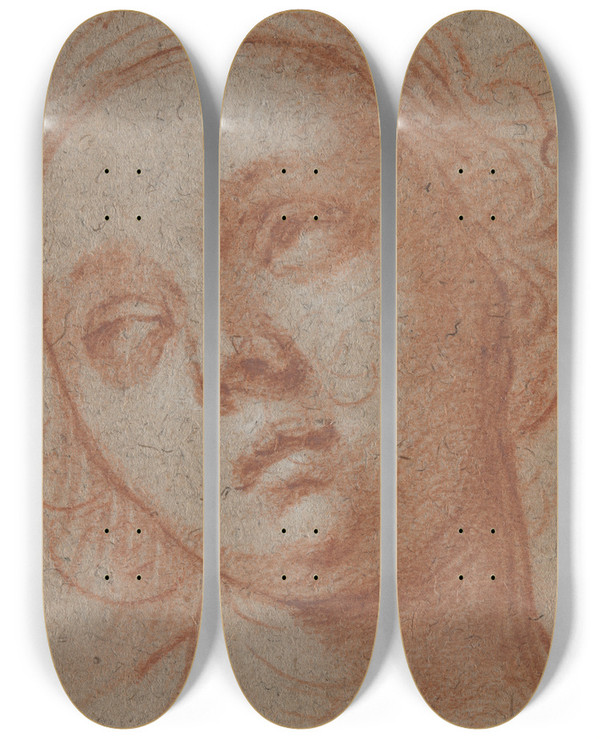 Triptych art skateboard deck of Abraham Bloemaert Two Female Heads by Abraham Bloemaert (1564-1651)