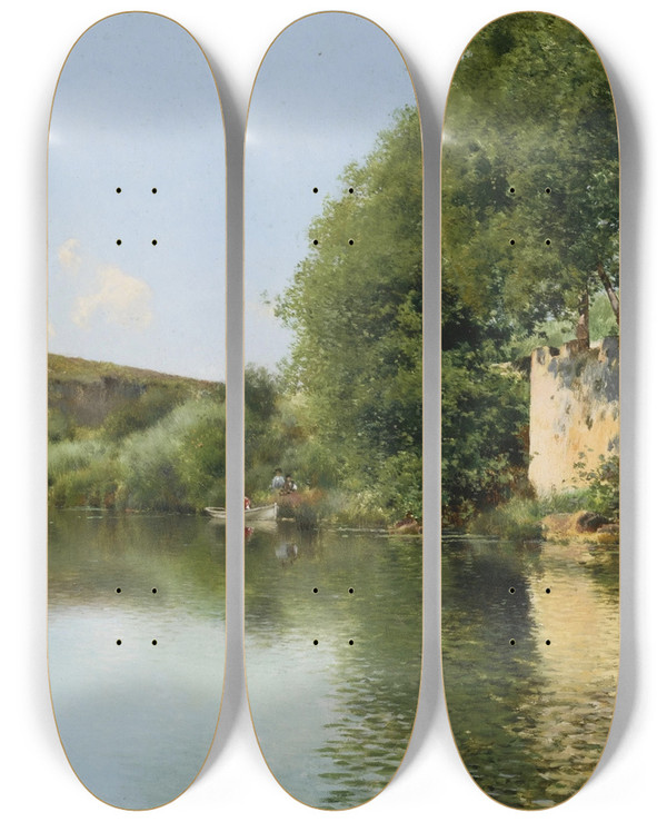 Triptych art skateboard deck of Emilio Snchezperrier Boating Party At Rest San Roque by Emilio Snchez-Perrier (1855-1907)
