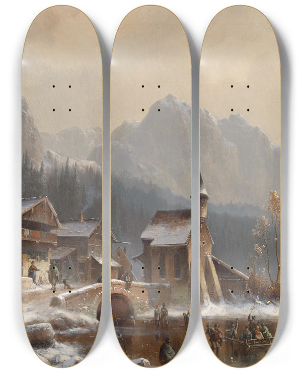 Triptych art skateboard deck of Anton Doll Wintervergngen_2 by Anton Doll (1826-1887)