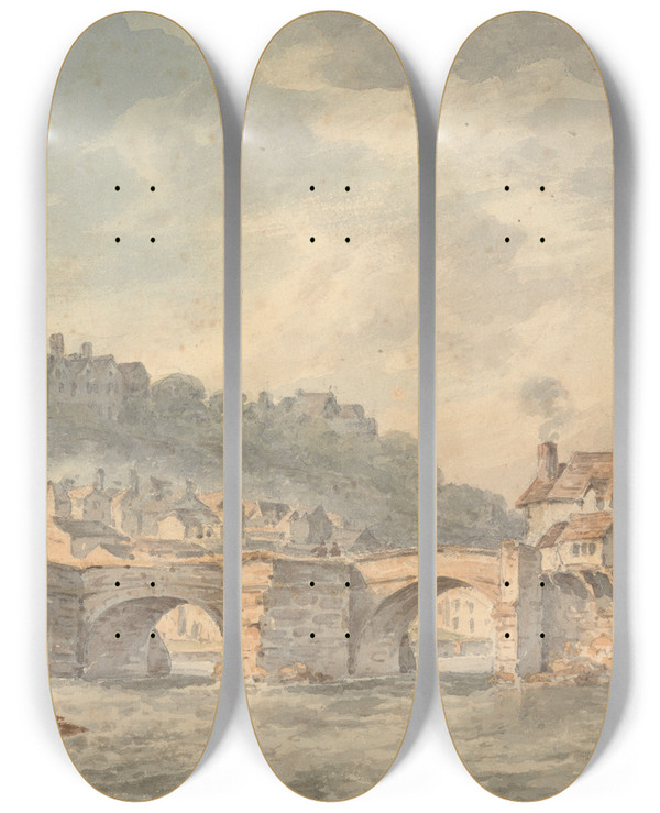 Triptych art skateboard deck of William Gilpin Bridgnorth Bridge Shropshire by William Gilpin (1724-1804)