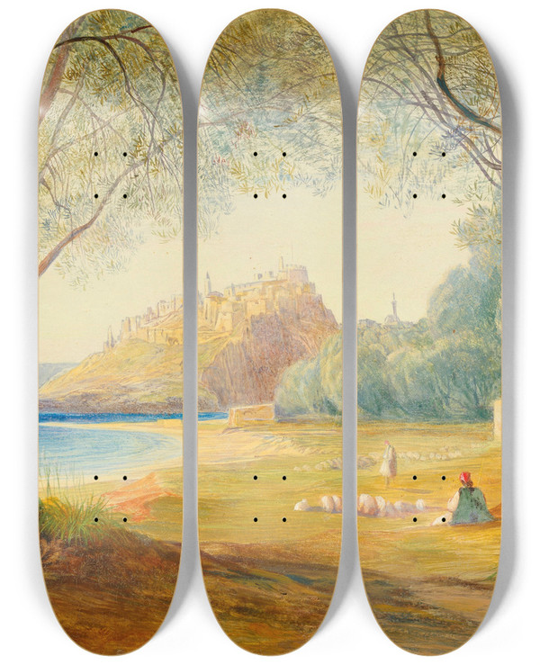 Triptych art skateboard deck of Edward Lear Monastir Albania by Edward Lear (1812-1888)