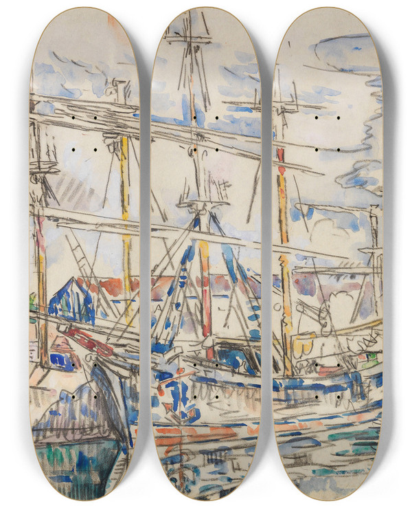 Triptych art skateboard deck of Paul Signac Saintmalo Les Terreneuvas_2 by Paul Signac (1863-1935)