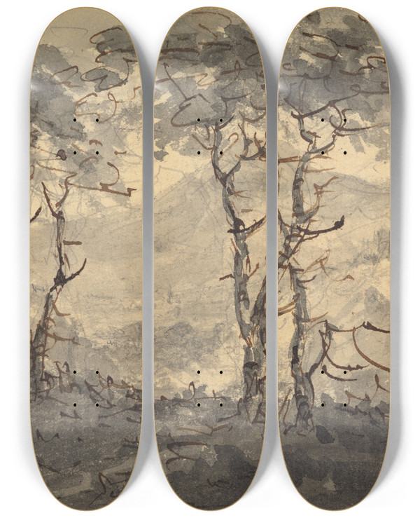 Triptych art skateboard deck of William Gilpin Fir Trees In A Mountain Landscape by William Gilpin (1724-1804)