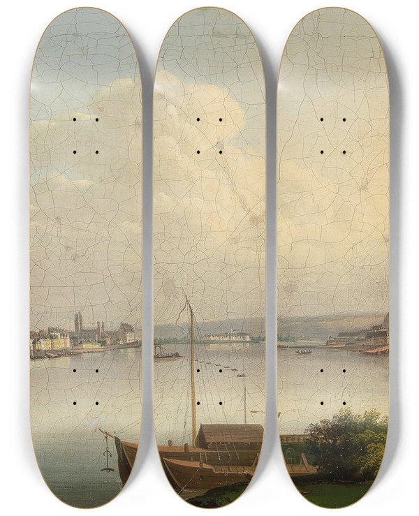 Triptych art skateboard deck of Conrad Zick View Of Koblenz With Fortress Ehrenbreitstein by Conrad Zick (1773-1836)