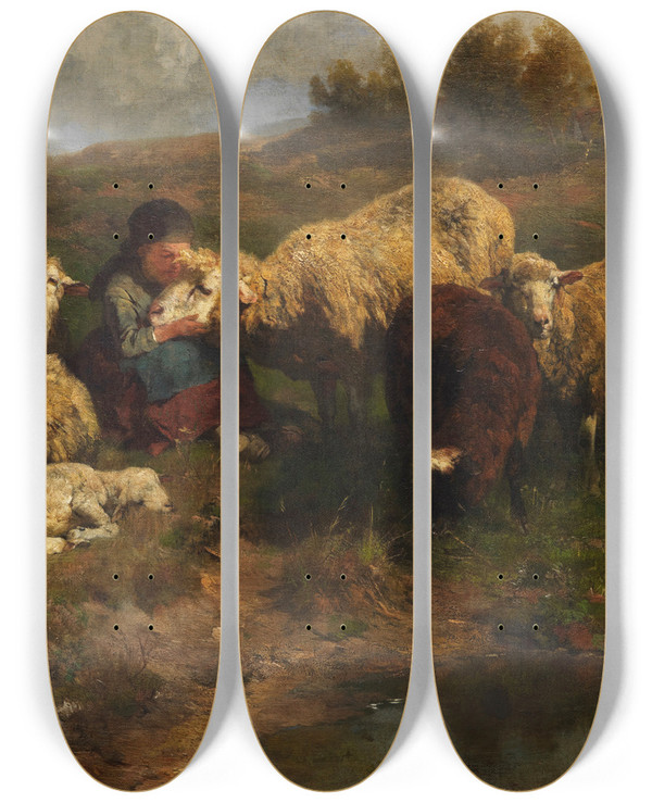 Triptych art skateboard deck of Anton Braith Kleine Hirtin Mit Schafen by Anton Braith (1836-1905)