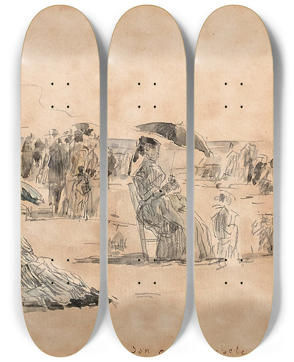 Triptych art skateboard deck of Eugne Boudin Crinolines Sur La Plage Trouville by Eugene Boudin (1824-1898)