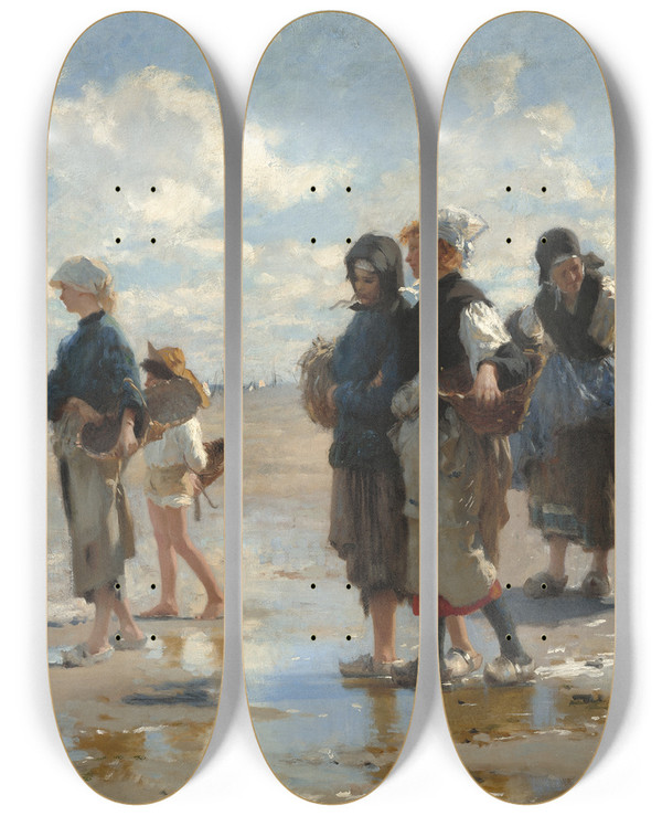 Triptych art skateboard deck of John Singer Sargent En Route Pour La Pche Setting Out To Fish by John Singer Sargent (1856-1925)