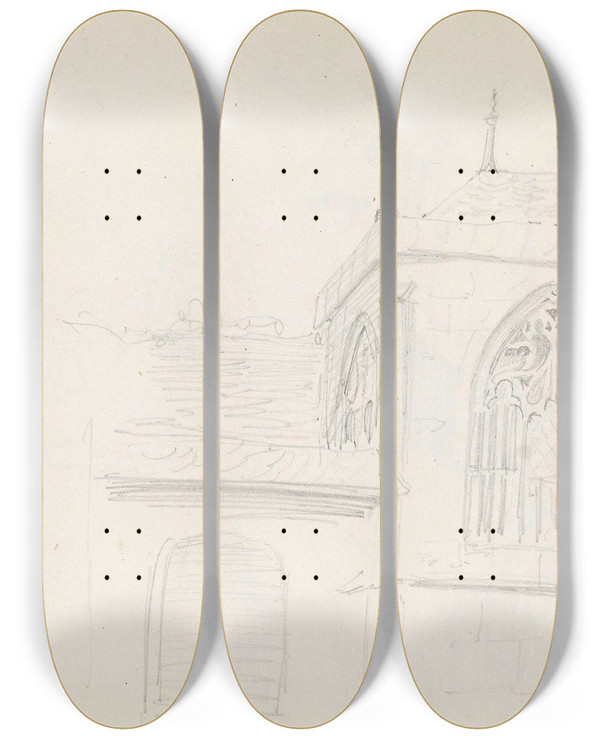 Triptych art skateboard deck of Adolph Tidemand Fra Kln by Adolph Tidemand (1814-1876)