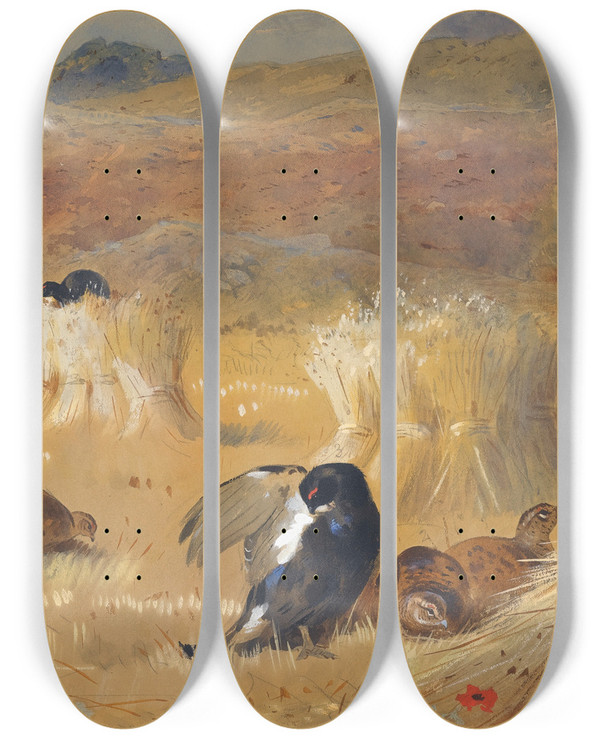Triptych art skateboard deck of Archibald Thorburn Blackcock In A Field by Archibald Thorburn (1860-1935)