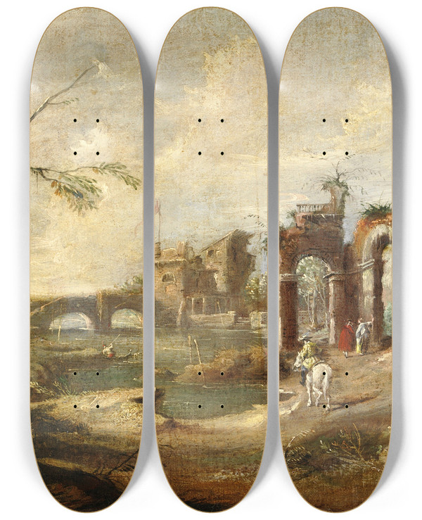 Triptych art skateboard deck of Bartolomeo Pedon Veduta Fantastica Con Rovine by Bartolomeo Pedon (1665-1733)