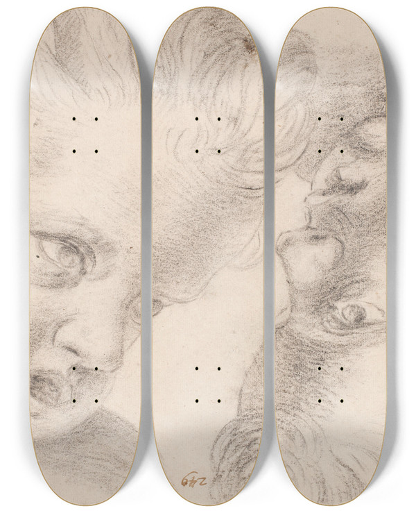 Triptych art skateboard deck of Hendrik Krock To Barnehoveder by Hendrik Krock (1671-1738)