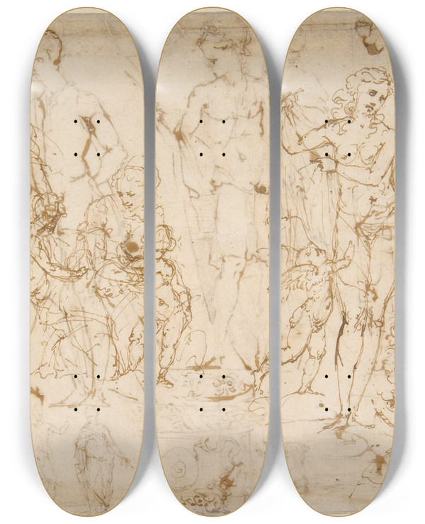 Triptych art skateboard deck of Vincenzo Tamagni Sheet Of Figure Studies And Ornamental Motifs by Vincenzo Tamagni (1492-1530)