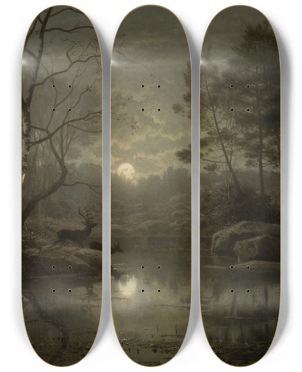 Triptych art skateboard deck of Georg Eduard Otto Saal Forest Landscape In The Moonlight by Georg Eduard Otto Saal (1817-1870)
