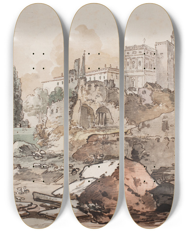 Triptych art skateboard deck of Jens Petersen Lund Prospekt Med Palads Omgivet Af Trer Og Klipper by Jens Petersen Lund (1731-1794)