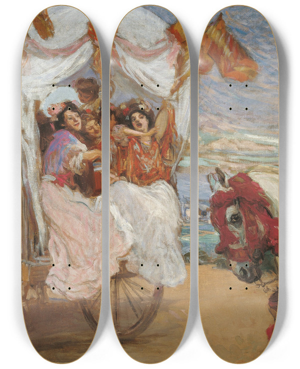 Triptych art skateboard deck of Gonzalo Bilbao Martnez Pilgrimage by Gonzalo Bilbao Martinez (1860-1938)