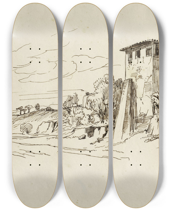 Triptych art skateboard deck of Paul Huet Campagne Romaine by Paul Huet (1803-1869)